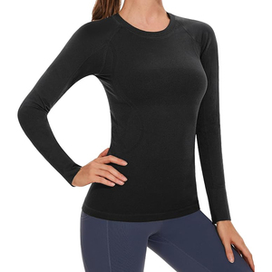 Women's <b>Black</b> <b>Long</b> Sleeve Crew Neck Yoga <b>Top</b> Breathable Solid Color Activewear Shirt Regular Fit Full Sleeve Made In Pakistan - Product Image 1