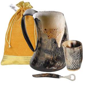 Taza de Cuerno Natural con Base de Madera Pulida, Estilo Animal, Diseño Moderno, Vaso para Café y Cerveza para Fiestas - Product Image 4