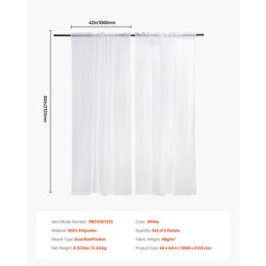84-Inch <b>Long</b> Sheer White <b>Curtains</b> 2-Panel Set with Dual Rod Pocket Installation 100% Polyethylene Hotel Use Sheer <b>Curtains</b> - Product Image 3
