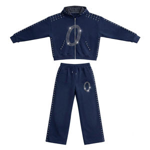 Conjunto Deportivo Azul Marino para Mujer, Chaqueta con Capucha y Cierre Completo, Pantalones con Diseño de Letra O con Pedrería, Ropa Casual de Otoño - Product Image 2