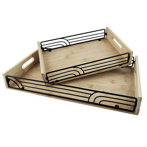 Black Metal <b>Wire</b> & Burnt Wood Serving Trays With Handles Set Of 2 Farmhouse Decorative Ottoman And <b>Coffee</b> <b>Table</b> Trays - Product Image 5