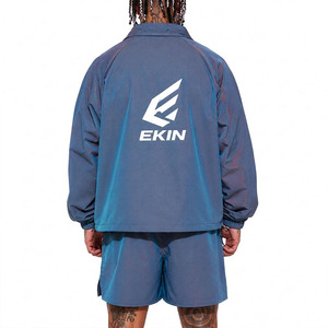 <b>Men's</b> <b>Summer</b> Iridescent Blue Shiny 2 Piece Windbreaker <b>Jacket</b> Shorts Set Drawstring Stand EKIN Logo Metallic Reflective Athletic - Product Image 4