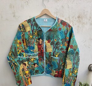 Premium Handmade Inspired Kantha <b>Quilted</b> Winter Thick <b>Jacket</b> for Women Vibrant Turquoise Cotton Outerwear Reversible Bohemian - Product Image 4