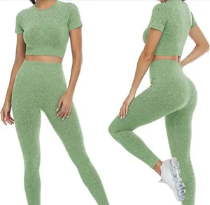 Ensemble de yoga 2 pièces sans coutures, anti-odeur, respirant, épaules dénudées/à une épaule, sans besoin de sous-vêtements, maintien élevé, Spandex/Nylon - Product Image 6