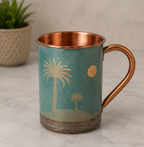 Mug en cuivre avec motif palmier, style bohème, double paroi, vaisselle artisanale pour la maison, mug en cuivre pur, rose corail premium - Product Image 2
