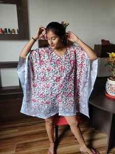 Block Printed Floral Sweet <b>Boho</b> Style Eco-Friendly Knee-Length Beach Kaftan <b>Dress</b> Women <b>Summer</b> Resort Wear - Product Image 3