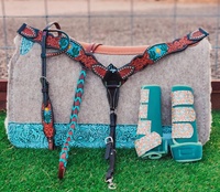 Ensemble d'équipement équestre en cuir véritable turquoise à motifs cactus, comprenant une têtière, une selle de poitrine et une selle anglaise, style Western saisonnier
