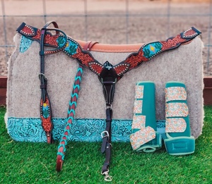 Ensemble d'équipement équestre en cuir véritable turquoise à motifs cactus, comprenant une têtière, une selle de poitrine et une selle anglaise, style Western saisonnier - Product Image 1