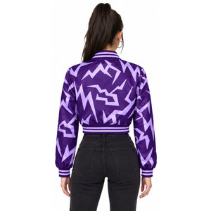 Purple Geometric Print Bomber <b>Jacket</b> Turn-down Collar Full <b>Sleeve</b> Zipper Closure <b>Women's</b> Casual <b>Short</b> Length Satin <b>Jackets</b> - Product Image 5
