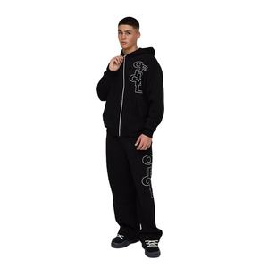 Unisex Custom Logo Printed <b>Black</b> Oversized Boxy Zip Hooded Tracksuit 100% Cotton Heavyweight Wide Leg Sweatpants Sets Warm Wear - Product Image 1