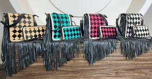 Western Hand Tooled Checkered Leather Fringe Crossbody & Clutch Set Stylish Two Piece Matching Bag Combo Boho Shoulder Purse - Product Image 5