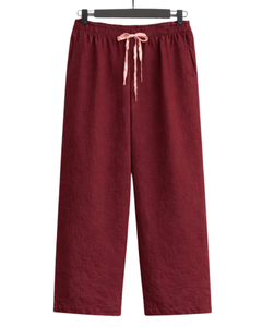 Conjunto de dos piezas para mujer, camisa rosa y pantalones anchos color borgoña, conjunto informal de algodón y lino, ropa de verano con bolsillo bordado - Product Image 2