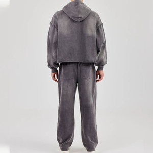 Ensemble de survêtement gris à capuche pour homme, manches longues, fermeture éclair, couleur unie, coupe ample, jogging décontracté, en coton pour l'automne - Product Image 2