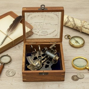 เครื่องมือนำทางทางทะเลแบบโบราณ รุ่นเซกส์แทนท์ เคลวิน ฮิวส์ ปี 1917 ทำจากทองเหลืองแกะสลัก พร้อมกระจกและไม้  จำหน่ายส่ง - Product Image 3