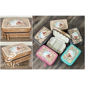 Women Premium Card Design <b>Tooled</b> Leather Zipper Portable Box Genuine Cowhide Leather Jewellery Storage Box Travel <b>Case</b> Organizer - Product Image 1