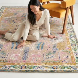 Tapis tufté à la main abstrait en mélange de laine et d'acrylique, style bohème, à poils moyens, rectangulaire, pour chambre/salle à manger, lavable et résistant aux taches - Product Image 1