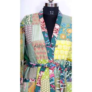 Robe longue indienne vintage faite à la main Kantha pour femme, col en V, à cordon de serrage, manches longues, 100 % coton, séchage rapide, douce et respirante, avec short - Product Image 4