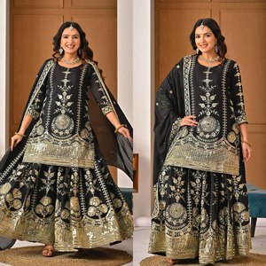 Lehenga Choli de Seda Negra para Mujer con Bordado Dorado, Traje Tradicional Indio Pakistaní para Bodas, Largo hasta el Suelo, Corte Holgado - Product Image 5