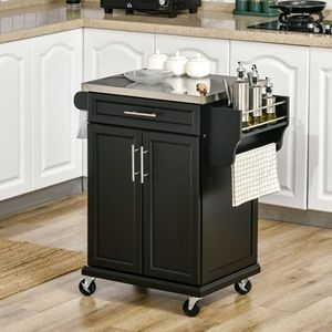 Carrello da Cucina Stile Antico con Piano in Acciaio Inox, Portaspezie, Isola in Legno Massello, Ruote in Metallo Nero, Design Moderno - Product Image 2