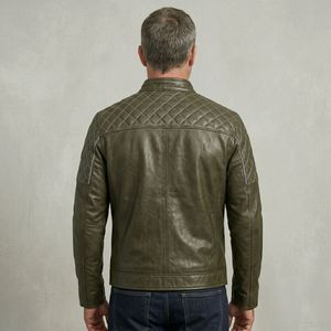 Premium Men's Olive <b>Green</b> Leather Jacket Quilted Shoulder Biker Motorcycle Slim Fit Stand Collar Casual Outerwear Winter Coat - Product Image 6