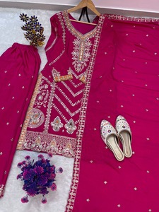 Indian Boutique Designer Traditional Embroidered Pink Chinon Suit with Heavy Dupatta <b>for</b> <b>Wedding</b> and Engagement Women's Dress - Product Image 6