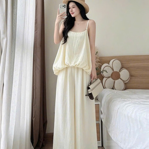 Conjunto de Ropa de Verano de Dos Piezas para Mujer, Informal, de Algodón Sólido, Ecológico, Lavable, Cómodo, sin Cuello, Ajustado, Largo y a la Moda - Product Image 2