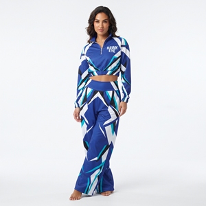 Conjunto deportivo de dos piezas Hawk Eye para mujer, top corto con cremallera y pantalones anchos a juego, estampado geométrico, 100% poliéster. - Product Image 6