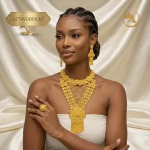 African <b>Bridal</b> Layered 18K Gold Plated Statement Necklace Set With Tassel Earrings & ring For Women's Fashion - Product Image 3