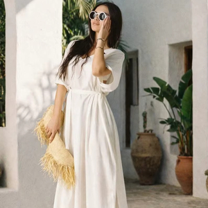 Vestido Kaftán de Lino Blanco, Vestido Midi de Lino Oversize, Vestido Minimalista para Resort, Vestido Holgado de Lino para Verano, Cubrebaño de Playa para Mujer - Product Image 1