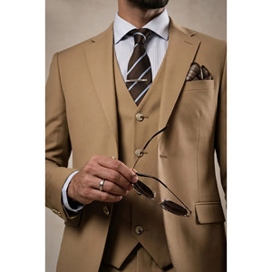 Traje de Negocios para Hombre, Color Beige, Cierre de un Botón, Solapa con Muescas, Estilo Británico, Mezcla de Lana y Poliéster, Corte Regular, Antiarrugas, Tejido - Product Image 6