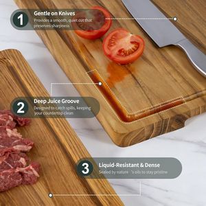 Set di 3 Taglieri in Legno di Teak Massiccio per Cucina con Scanalatura Profonda per Succhi e Supporto per Tagliere - Product Image 4