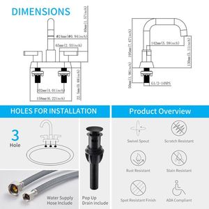 Rubinetti per lavabo a 3 fori, neri opachi, con 2 maniglie, interasse 4 pollici, con scarico a scomparsa e tubi di alimentazione acqua - Product Image 3