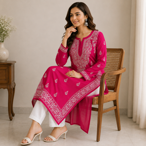<b>Women</b>’s Pink Floral Embroidered Kurti, Long Sleeve Straight Fit Ethnic Indian <b>Kurta</b>, Traditional Casual & Festive Wear - Product Image 3