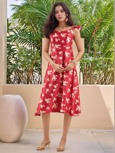 Robe Midi Ample en Georgette Imprimée Florale pour Femme, Col en V, Bretelles, Sans Manches, Taille Naturelle, Écologique, Idéale pour Soirées Formelles - Product Image 3