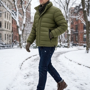 Men's Olive Green Color Puffer Jacket Winter <b>Coat</b> <b>Stand</b> Collar Zip Up Outdoor Streetwear Custom Apparel OEM ODM - Product Image 4
