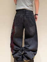 Pantalon large délavé style patchwork en faux jean vieilli pour homme, coupe ample, style hip-hop américain, idéal pour l'hiver, style urbain de niche