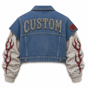 Chaqueta vaquera corta Y2K para mujer con mangas de diamantes de imitación y diseño de llamas, patchwork, cremallera frontal, estilo vintage, ropa de calle, moda personalizada, prenda exterior - Product Image 2