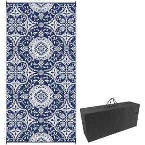 Tappeto da esterno per patio camper 18 piedi blu e bianco con borsa, in fibra riciclata a pelo riccio, per interni/esterni, sala da pranzo - Product Image 1