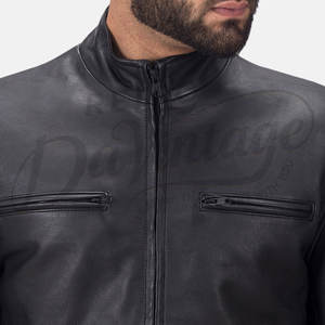 Chaqueta de cuero negra para hombre, estilo racer, piel de oveja auténtica de primera calidad, corte ajustado, cuello alto, con cremallera, informal, a la moda, para motocicleta. - Product Image 1