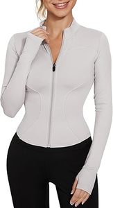 Women's Light Gray Full Sleeve <b>Zipper</b> <b>Top</b> Stand Collar Solid Color Breathable Spandex Polyester Sportswear Skinny Fit Pockets - Product Image 2