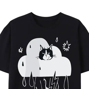 Men's Black Cartoon Cat <b>Cloud</b> Printed T-Shirt Short Sleeve O-<b>Neck</b> Casual 100% Cotton Regular Fit Jersey Fabric - Product Image 3