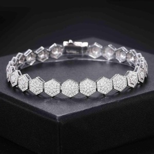 New Men's Luxury Rhodium Silver Plated 925 Sterling Silver <b>Bead</b> Link <b>Bracelet</b> Iced Brilliant Cut Moissanite Vvs Diamond - Product Image 2
