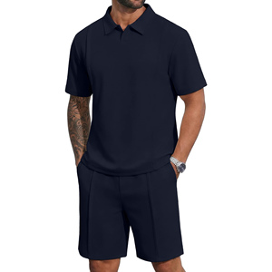 Ensembles de shorts décontractés pour hommes pour l'été, confortables, respirants, couleur unie, t-shirt à manches courtes et short, style formel 2 pièces - Product Image 1