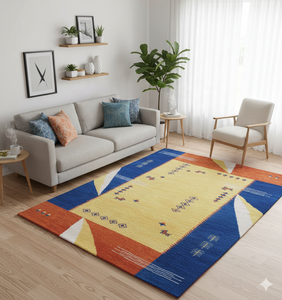 Venta al por mayor de algodón tejido de alta calidad Indo-Nepalí/Alfombra tibetana Patrón floral abstracto moderno Amarillo Azul Lavable Tamaño personalizado - Product Image 1