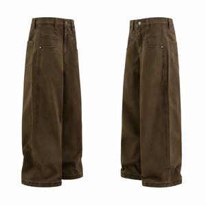 JMS-INDUSTRIES Jean vintage marron taille haute pour homme, coupe ample et large, coupe courte, avec fermeture boutonnée et poches obliques - Product Image 2