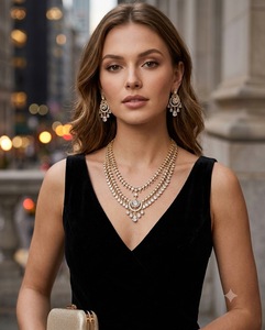 Ensemble de collier long à motif goutte d'eau double couche avec boucles d'oreilles assorties, bijoux ethniques de mariée plaqués or antique traditionnels - Product Image 2