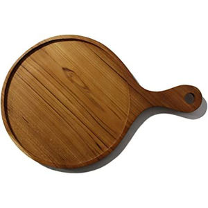 Planche à pizza ronde en teck naturel, faite à la main, avec longue poignée, pour servir et couper, au meilleur prix. - Product Image 2