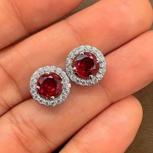Garnet <b>Stud</b> Earrings 6mm CZ Halo <b>Sterling</b> <b>Silver</b> Rhodium Plated Romantic Wedding Engagement Anniversary Party Gift Rhaya - Product Image 2