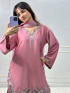 Ensemble Salwar Kameez Traditionnel Pakistanais en Soie Satinée Premium pour Femme, Ourlet Festonné, Motif Floral, Coupe Ajustée, Idéal Mariage Hiver Été - Product Image 3