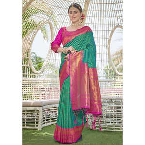 ผ้าไหมพิธานีสีเขียวคอนทราสต์ 1000 บุตติ ซารี ทอลายด้วยด้ายซารี  ชุดราตรีหรูหรา น้ำหนัก 0.65 กรัม ผ้าทอระดับพรีเมียม - Product Image 3